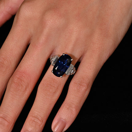 13.81 Carat Oval Cut Ceylon Blue Sapphire Diamond Vintage Ring-Time and Carat