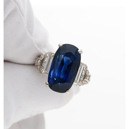 13.81 Carat Oval Cut Ceylon Blue Sapphire Diamond Vintage Ring-Time and Carat