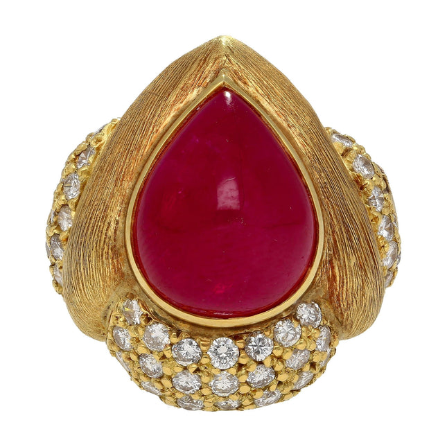 13.86 Carat Pear Cabochon Ruby Diamond Sugar Loaf Ring-Time and Carat