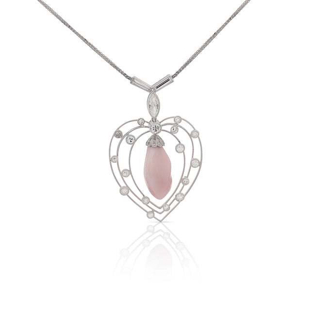 14.09 Carat Baroque Natural Pink Conch Pearl Diamond Heart Pendant Necklace Platinum-Time and Carat