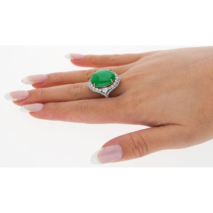 14.68 Carat Oval Cabochon Type A Jadeite Jade Trillion Round Diamond Split Shank Ring-Time and Carat