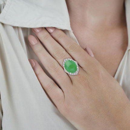 14.68 Carat Oval Cabochon Type A Jadeite Jade Trillion Round Diamond Split Shank Ring-Time and Carat