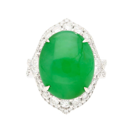 14.68 Carat Oval Cabochon Type A Jadeite Jade Trillion Round Diamond Split Shank Ring-Time and Carat