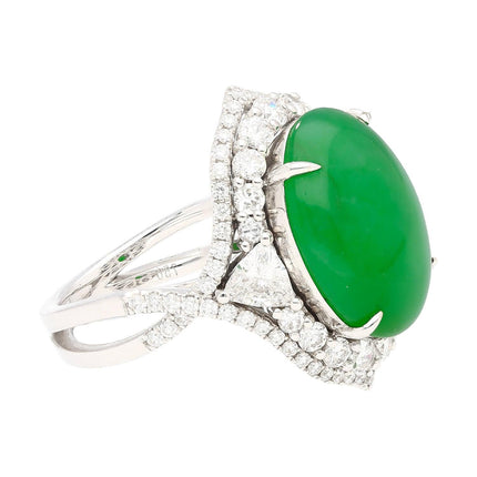 14.68 Carat Oval Cabochon Type A Jadeite Jade Trillion Round Diamond Split Shank Ring-Time and Carat