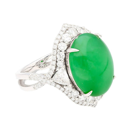 14.68 Carat Oval Cabochon Type A Jadeite Jade Trillion Round Diamond Split Shank Ring-Time and Carat