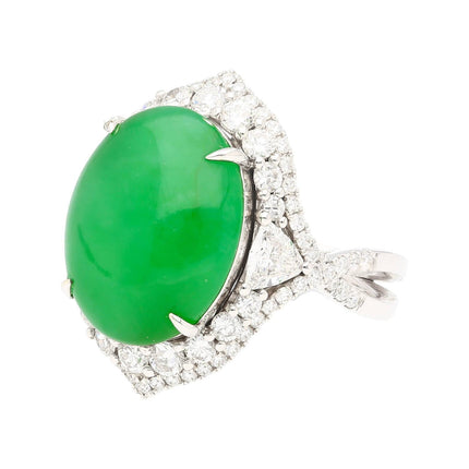 14.68 Carat Oval Cabochon Type A Jadeite Jade Trillion Round Diamond Split Shank Ring-Time and Carat