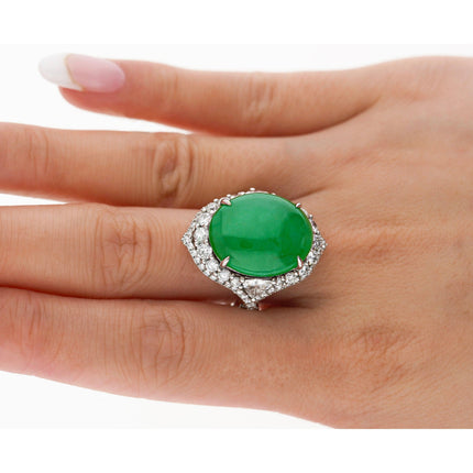 14.68 Carat Oval Cabochon Type A Jadeite Jade Trillion Round Diamond Split Shank Ring-Time and Carat