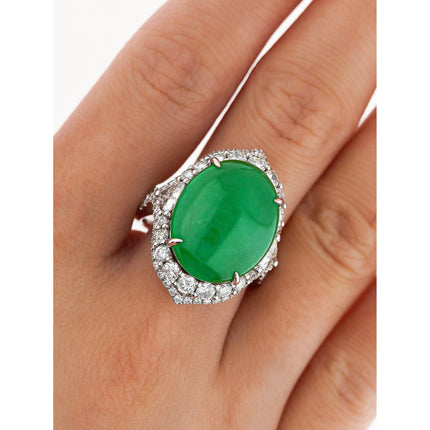 14.68 Carat Oval Cabochon Type A Jadeite Jade Trillion Round Diamond Split Shank Ring-Time and Carat