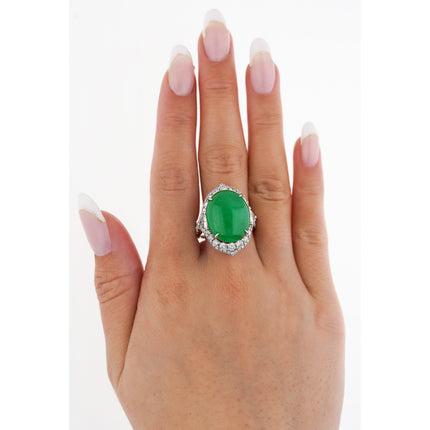14.68 Carat Oval Cabochon Type A Jadeite Jade Trillion Round Diamond Split Shank Ring-Time and Carat