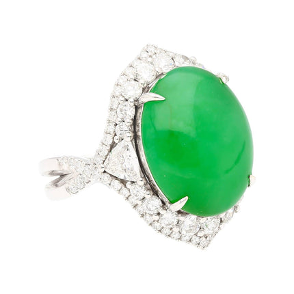 14.68 Carat Oval Cabochon Type A Jadeite Jade Trillion Round Diamond Split Shank Ring-Time and Carat