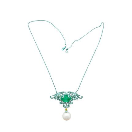 14.89 Carat Oval Cut Colombian Emerald South Sea Pearl Diamond Enamel Pendant Necklace-Time and Carat