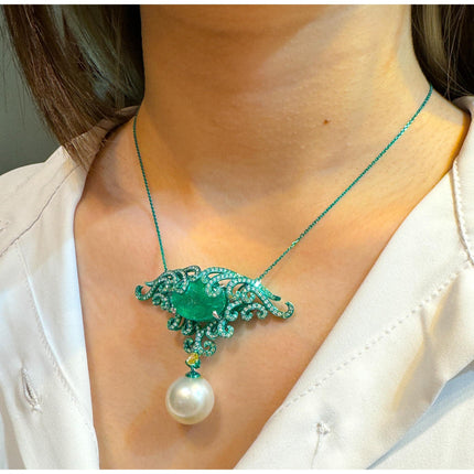 14.89 Carat Oval Cut Colombian Emerald South Sea Pearl Diamond Enamel Pendant Necklace-Time and Carat