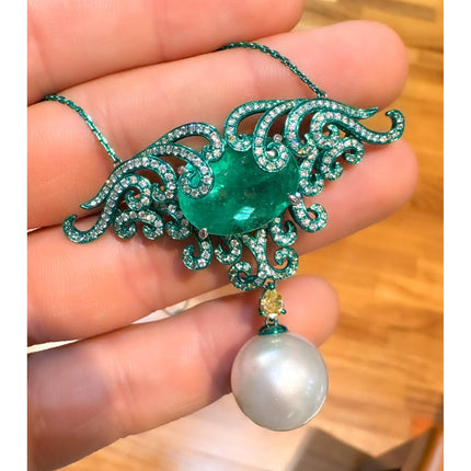 14.89 Carat Oval Cut Colombian Emerald South Sea Pearl Diamond Enamel Pendant Necklace-Time and Carat