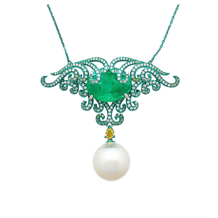 14.89 Carat Oval Cut Colombian Emerald South Sea Pearl Diamond Enamel Pendant Necklace-Time and Carat