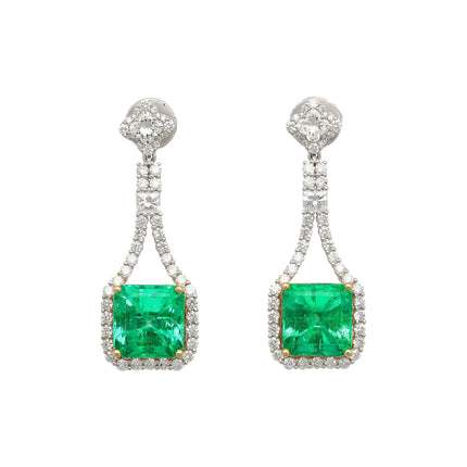 15 Carat Colombian Minor Oil Emerald & Diamond Dangle Earrings in 18K White Gold