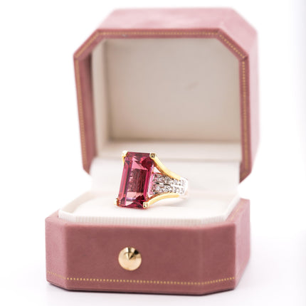 15.07 Carat Emerald Cut Pink Tourmaline Diamond Split Shank Cocktail Ring Platinum Gold-Time and Carat