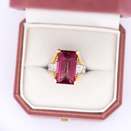 15.07 Carat Emerald Cut Pink Tourmaline Diamond Split Shank Cocktail Ring Platinum Gold-Time and Carat
