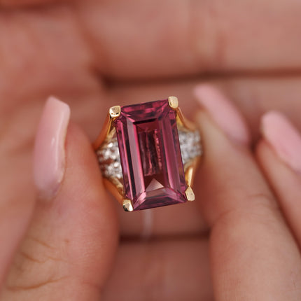 15.07 Carat Emerald Cut Pink Tourmaline Diamond Split Shank Cocktail Ring Platinum Gold-Time and Carat