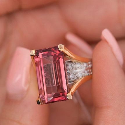 15.07 Carat Emerald Cut Pink Tourmaline Diamond Split Shank Cocktail Ring Platinum Gold-Time and Carat
