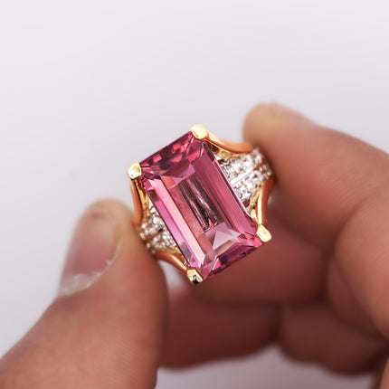 15.07 Carat Emerald Cut Pink Tourmaline Diamond Split Shank Cocktail Ring Platinum Gold-Time and Carat