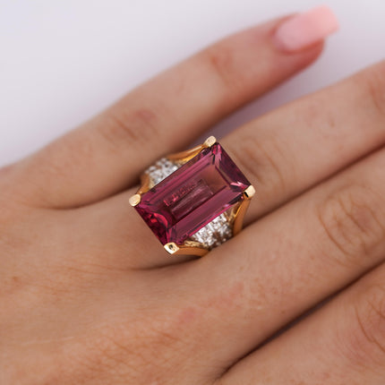 15.07 Carat Emerald Cut Pink Tourmaline Diamond Split Shank Cocktail Ring Platinum Gold-Time and Carat