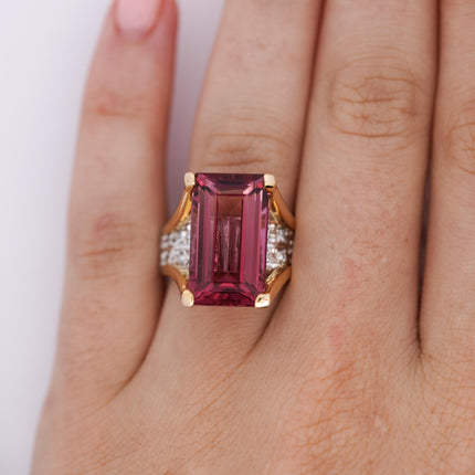 15.07 Carat Emerald Cut Pink Tourmaline Diamond Split Shank Cocktail Ring Platinum Gold-Time and Carat