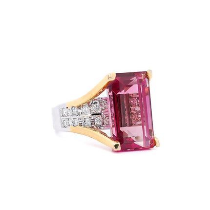 15.07 Carat Emerald Cut Pink Tourmaline Diamond Split Shank Cocktail Ring Platinum Gold-Time and Carat