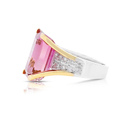 15.07 Carat Emerald Cut Pink Tourmaline Diamond Split Shank Cocktail Ring Platinum Gold-Time and Carat