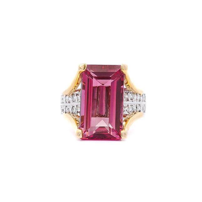 15.07 Carat Emerald Cut Pink Tourmaline Diamond Split Shank Cocktail Ring Platinum Gold-Time and Carat
