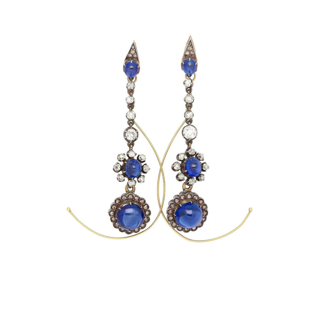 16 Carat Cabochon Burmese Blue Sapphire Old European Diamond Art Deco Earrings-Time and Carat