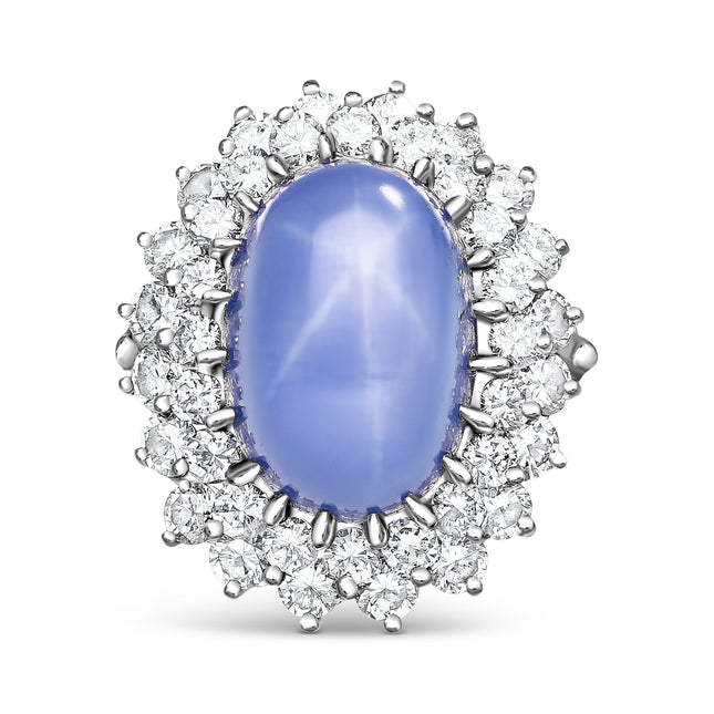 16.30 Carat Cabochon Lavender Blue Star Sapphire Diamond Halo Art Deco Ring-Time and Carat