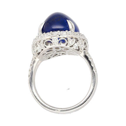 16.68 Carat Cabochon Cut Ceylon Blue Sapphire Round Diamond Halo Ring 18K White Gold Floral Filigree Retro-Time and Carat