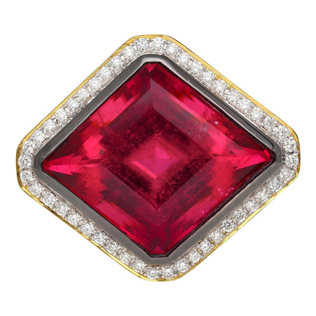 17.16 Carat Lozenge Cut Rubellite Tourmaline Diamond Halo Bezel Ring-Time and Carat
