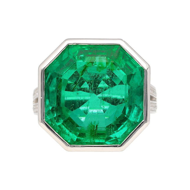 17.25 Carat Octagonal Step Cut Colombian Emerald Round Diamond Ring-Time and Carat
