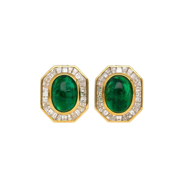 17.30 Carat Cabochon Zambian Emerald Diamond Halo Clip-On Earrings Mouawad-Time and Carat