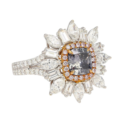 1.01 Carat Cushion Cut Fancy Dark Bluish Gray Diamond Baguette Marquise Ring-Time and Carat