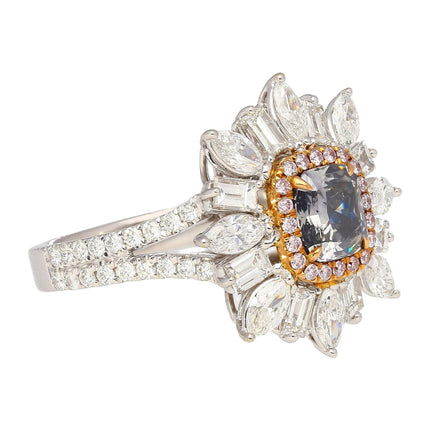 1.01 Carat Cushion Cut Fancy Dark Bluish Gray Diamond Baguette Marquise Ring-Time and Carat