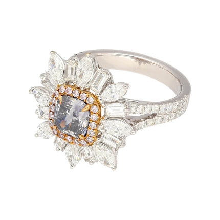 1.01 Carat Cushion Cut Fancy Dark Bluish Gray Diamond Baguette Marquise Ring-Time and Carat