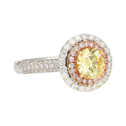 1.01 Carat Round Brilliant Fancy Yellow Diamond Pink White Diamond Halo Ring-Time and Carat