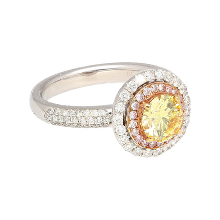 1.01 Carat Round Brilliant Fancy Yellow Diamond Pink White Diamond Halo Ring-Time and Carat