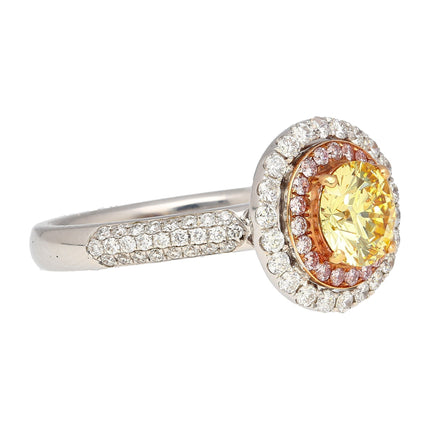 1.01 Carat Round Brilliant Fancy Yellow Diamond Pink White Diamond Halo Ring-Time and Carat