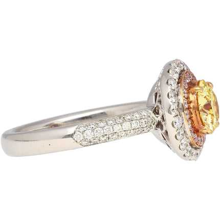 1.01 Carat Round Brilliant Fancy Yellow Diamond Pink White Diamond Halo Ring-Time and Carat