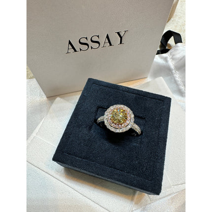 1.01 Carat Round Brilliant Fancy Yellow Diamond Pink White Diamond Halo Ring-Time and Carat
