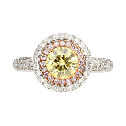1.01 Carat Round Brilliant Fancy Yellow Diamond Pink White Diamond Halo Ring-Time and Carat