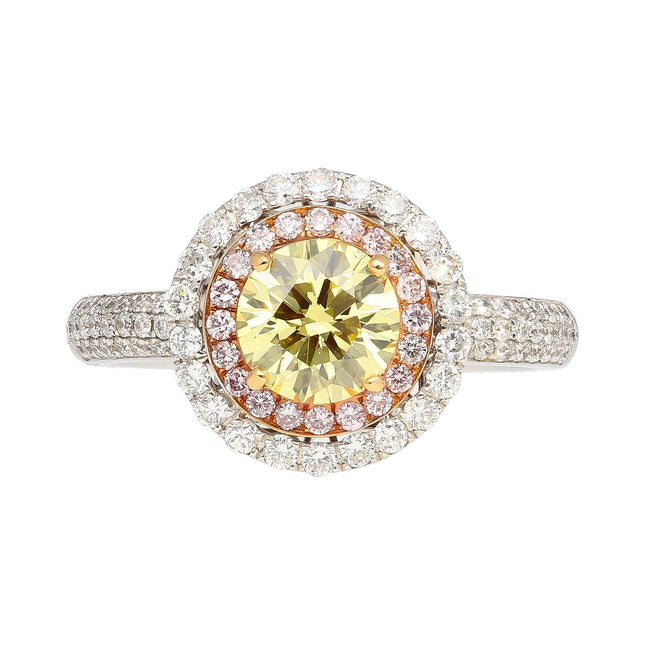 1.01 Carat Round Brilliant Fancy Yellow Diamond Pink White Diamond Halo Ring-Time and Carat