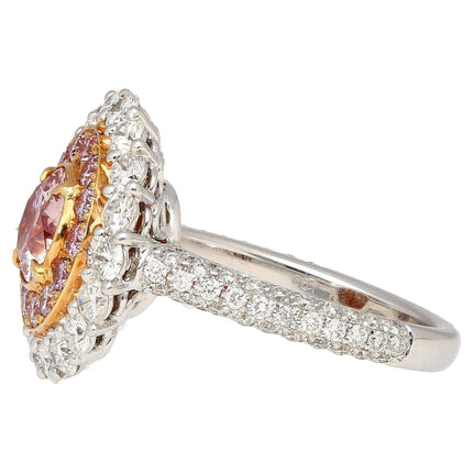 1.08 Carat Round Cut Fancy Pink Diamond Double Halo Ring 18K White Rose Gold-Time and Carat