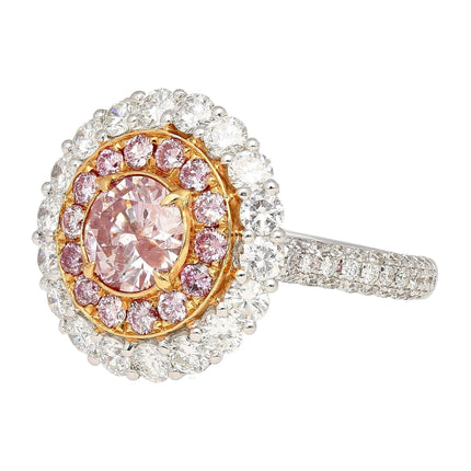 1.08 Carat Round Cut Fancy Pink Diamond Double Halo Ring 18K White Rose Gold-Time and Carat