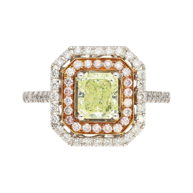 1.12 Carat Radiant Cut Fancy Light Greenish Yellow Diamond Double Halo Ring-Time and Carat