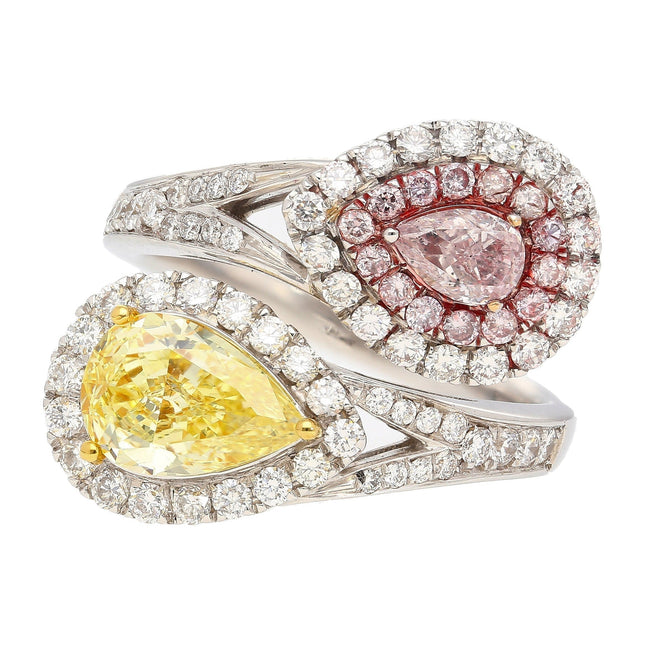 1.17 Carat Fancy Intense Yellow Pear Diamond Fancy Light Pink Pear Toi Et Moi Ring-Time and Carat
