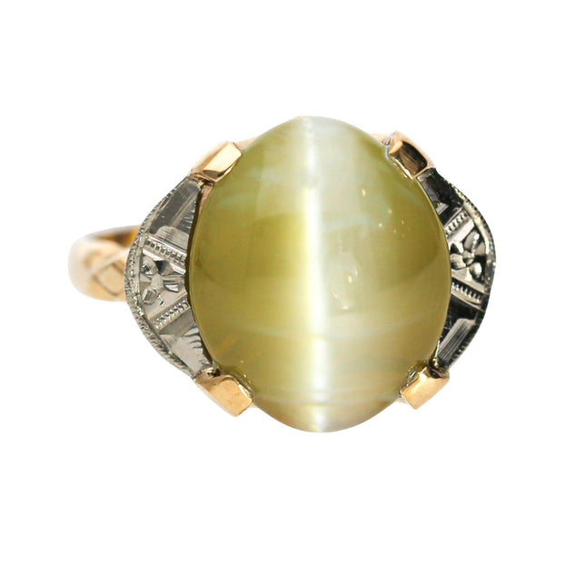 9.46 Carat Oval Double Cabochon Untreated Green Cats Eye Chrysoberyl Diamond Filigree Art Deco 14K Yellow Gold Ring